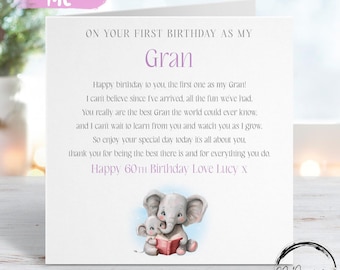 Personalised Gran Birthday Card- Elephant First Birthday As My Gran Poem with Name ANY WORDING 1st 50th 60th 70th 80th 90th 65th