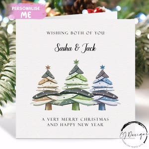 Carte de Noël personnalisée pour vous deux - Carte sur le thème des arbres de Noël rustiques avec nom