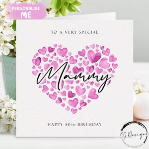 Personalisierte Geburtstagskarte für Mama, rosa Herzen JEDE BESTELLUNG / ALTER 25.30.40.45.50.60.65.70.75.80.85.90.100
