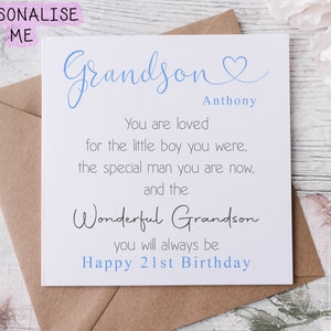 Citation personnalisée de carte d'anniversaire de petit-fils de l'âge 21, 18, 16, 30, Merveilleux fils, carte pour lui