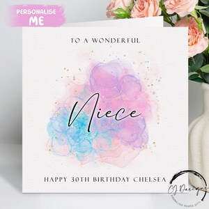 Carte d'anniversaire personnalisée pour nièce, motif éclaboussures violet, bleu et rose Tout âge 15e 16e 17e 18e 19e 20 21e 30e 40e 50e 55e 60e