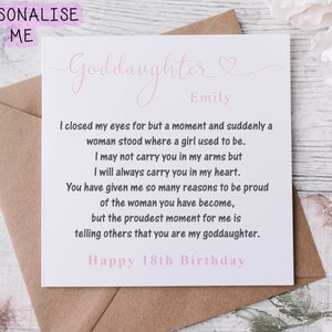 Carte d'anniversaire personnalisée pour ma filleule, citation J'ai fermé les yeux : devenir majeur 18 21 30 40 40