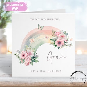 Gepersonaliseerde oma verjaardagskaart bloemen regenboog en vlinders 40e, 50e, 60e, 70e. 80e. 90e, 100e, 65e, 75e, 85e, 95e