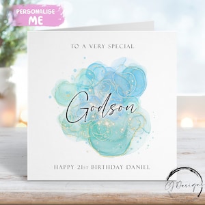 Carte d'anniversaire filleul personnalisée avec éclaboussures bleues, vertes et dorées Tous les âges 13-14-15-1618-21-25-30-40-50-60-65-70-