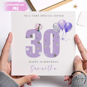 Carte d'anniversaire personnalisée pour sœur, numéros d'âge mauve lilas N'IMPORTE QUELLE MENTION /ÂGE/ nom 15e 16e 17e 18e 21e 30e 40e 45e 50e 60e 65e