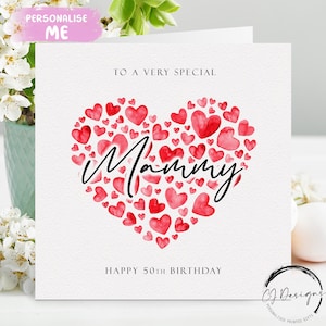 Biglietto di auguri di compleanno personalizzato per la mamma, cuori rossi QUALSIASI TESTO Qualsiasi età 30° 40° 45° 50° 55° 60° 65° 70° 75° 80° 85° 90° 95° 100°