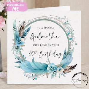 Cartão de aniversário personalizado para madrinha, penas azuis e moldura de flores/coroa, qualquer idade, 30, 40, 45, 50, 55, 60, 65, 70, 75, 80, 85