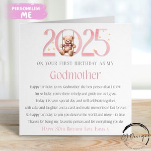 Cartão de aniversário personalizado para madrinha - Ursinho de pelúcia 2025 Primeiro aniversário como meu poema - Nome QUALQUER PALAVRA 1º 25º 30º 35º 40º 45º 50º 60