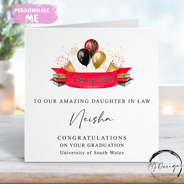 Personalised Daughter in law Graduation Card- with Balloons Name and University- To My/To Our Medium or Large card ANY YEAR