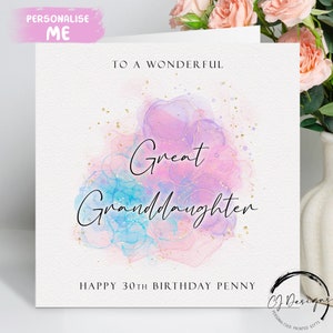 Personalisierte Urenkelin-Geburtstagskarte Lila, Blau & Pink Splash Design für jedes Alter 16.17.18.21.30.35.40.45.50.60