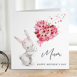 Carte de fête des mères maman - lapin mignon avec ballon coeur fleur - carte pour elle, maman, maman, maman, maman, maman, maman