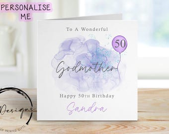Birthday Card For Godmother - Personalised Blue/Pink Design with Purple Balloon Any Age