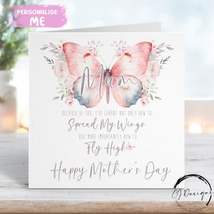Carte de fête des mères pour maman - citation/poème papillon rose et gris - carte de voeux
