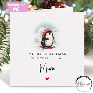 Mum Weihnachtskarte - Weihnachts Pinguin Ski fahrend im Schnee Karte