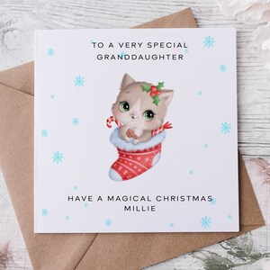 Biglietto di Natale personalizzato per nipote, biglietto con gatto nella calza per lei, biglietto di auguri di Buon Natale