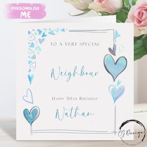 Birthday Card For Neighbour Personalised Blue Heart Frame Design Any Age