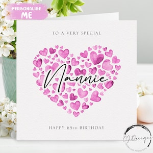 Biglietto di auguri di compleanno personalizzato per la nonna, cuori rosa QUALSIASI TESTO / ETÀ 40° 45° 50° 60° 65° 70° 75° 80° 85° 90° 100°