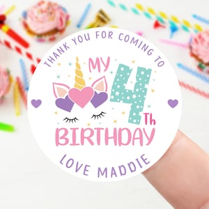 Adesivos personalizados de aniversário de unicórnio-saco de festa de aniversário, obrigado, etiquetas de cone doce para meninas, 37mm/45mm /51mm/64mm, doce deleite