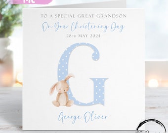 Personalised Great Grandson Christening Card, Initial Name and Date Bunny Greeting Card, Christening Day Keepsake For Him