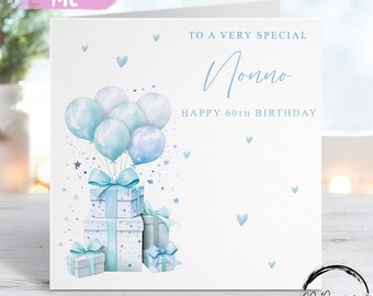 Tarjeta de cumpleaños para abuelo personalizada, diseño azul pálido, regalos y globos para cualquier edad.