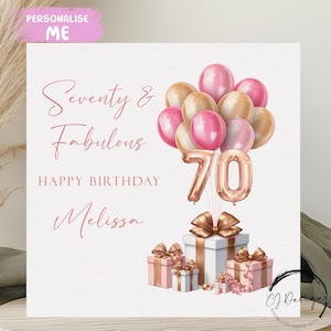 Fabuleuse carte d'anniversaire personnalisée des années 70, tout âge/nom, ballons numérotés roses et or rose 70e 30e 40e 50e 60e 70e 80e 90e