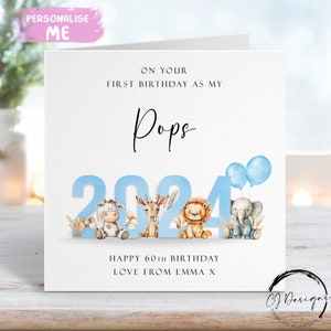 Biglietto di auguri di compleanno Pops personalizzato First As My Blue Animal Theme con nome QUALSIASI ETÀ/FIRMA 1° 45° 50° 60° 65° 70° 75° 80° 85°