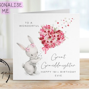 Carte d'anniversaire personnalisée pour arrière-petite-fille - Lapin mignon avec ballon coeur de fleur - Carte pour elle, tout âge et nom 16, 18, 21, 30