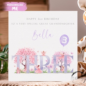 Carte d'anniversaire personnalisée pour le troisième anniversaire de votre arrière-petite-fille, carte d'anniversaire fée violette - 3e anniversaire de petite fille