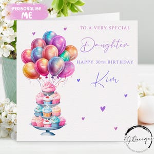 Carte d'anniversaire personnalisée pour fille, gâteaux et ballons multicolores, tous âges/noms : 14e 15e 16e 18e 21e 30e 40e 40e 50e 60e 70e