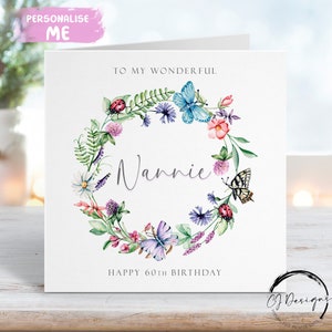 Carte d'anniversaire personnalisée nounou - couronne de fleurs - coccinelles et papillons TOUT TEXTE 40e 50e 60e 70e 80e 90e 100e 75e 65e
