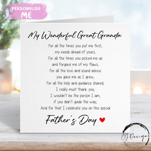 Great Granda Poem Vatertagskarte, - Verskarte mit rotem Herzen JEDE WORDING kleine oder große Karte