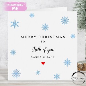 "Personalisierte Weihnachtskarte ""Sie beide"" - Minimalistische Weihnachtskarte ""Schneeflocke Paar"" mit Namen."