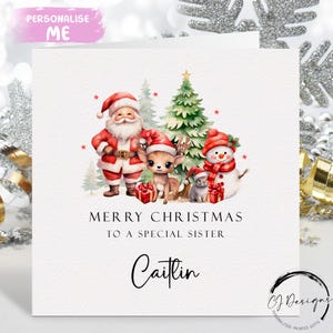 Personalisierte Weihnachtskarte für Schwester, Weihnachtsmann, Rentier und Schneemann Weihnachtsszene mit Namen