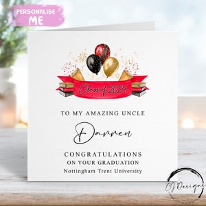 Biglietto di laurea personalizzato per zio - con palloncini, nome e università - Per me/per la nostra carta media o grande QUALSIASI ANNO