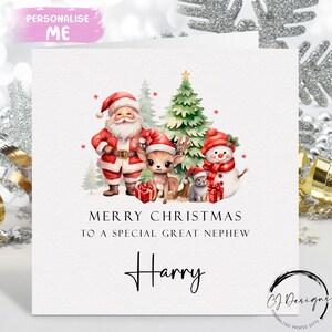 Personalised Christmas Card For Great Nephew, Santa, Reindeer and Snowman Christmas Scene with Name