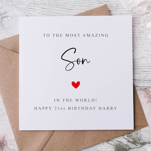 Carte d'anniversaire de fils personnalisée avec coeur rouge, nom et âge du meilleur fils du monde, carte pour lui des 30, 40, 50, 60, 70, 80 ans, tout âge