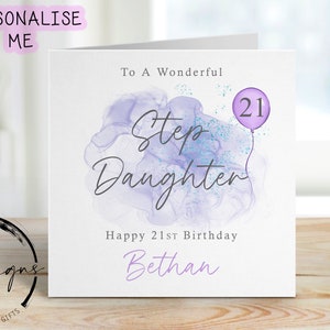 Carte d'anniversaire personnalisée pour belle-fille - Design violet/bleu avec ballon rose - Carte pour elle, tous âges et noms - 40e 50e 60e 70e 80e