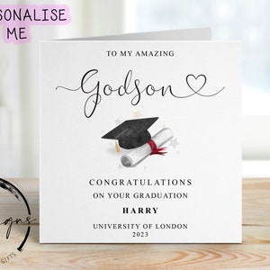 Tarjeta de graduación personalizada para ahijado (con birrete y pergamino), nombre y universidad. Tarjeta mediana o grande. ¡Ahijado increíble!