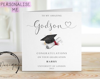 Personalised Godson Graduation Card- with Cap & Scroll- Name and University Medium or Large card Amazing Godson