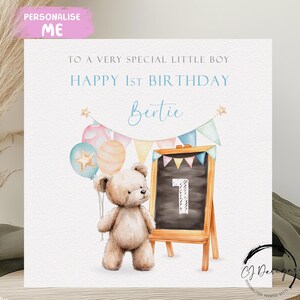 Personalisierte Geburtstagskarte für kleinen Jungen Bär - niedlicher Teddybär mit Luftballons jedes Alter & Name für ihn 1