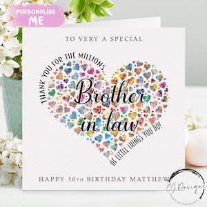 Carte d'anniversaire personnalisée beau-frère - Merci pour les millions de choses coeur - Tout âge 30, 40, 50, 60, 70, 80, 90, 100 ans