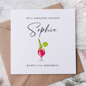Biglietto di auguri di compleanno personalizzato per cugina, biglietto di auguri per cocktail, biglietto di auguri per lei 18°, 21°, 30°, 40°, 50°, 60°, qualsiasi età e nome