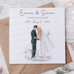 Carte personnalisée de félicitations pour le jour du mariage, vous choisissez la couleur des cheveux et le teint de peau avec les noms et la date, carte de M. et Mme