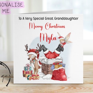 Biglietto di Natale personalizzato per una pronipote speciale - Babbo Natale incastrato nel camino - Biglietto con il nome della bambina