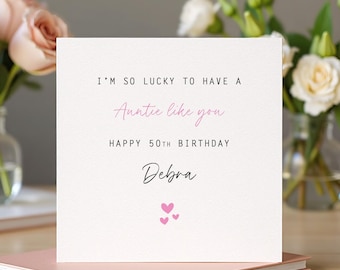 Birthday Card For Auntie, Personalised Pink Heart I'm So Lucky - Any Age