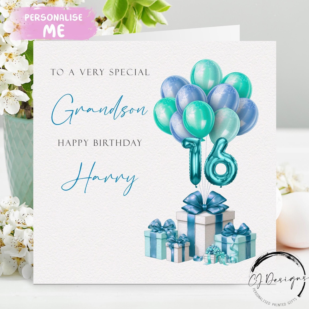 Birthday Card for Grandson, Personalised - Blue & Green Number Balloons ...