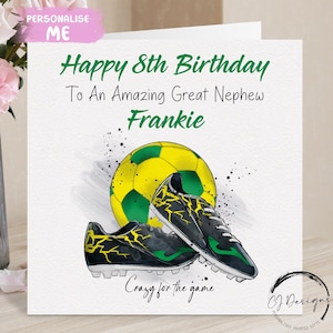 Tarjeta de cumpleaños personalizada para sobrino nieto de fútbol, amarilla y verde, tamaño pequeño/grande. Nombre y edad del amante del fútbol: 6.º, 7.º, 8.º, 9.º, 10.º, 11.º, 12.º y 13.º.