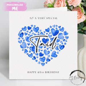 Biglietto di auguri di compleanno Taid personalizzato, cuori blu QUALSIASI TESTO /ETÀ/ 40° 50° 60° 65° 70° 75° 80° 85° 90° 95° 100°