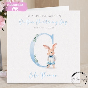 Carte de baptême personnalisée lapin filleul, nom initial et carte de voeux date, souvenir du jour du baptême