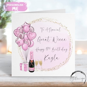 Biglietto di auguri di compleanno personalizzato per pronipote - Tema rosa e oro con palloncini. Qualsiasi età: 15°, 16°, 17°, 18°, 19°, 20°, 21°, 30°, 40°, 50°, 60°.